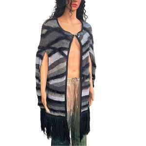 BCBGMaxAriza abstract knit poncho with black fringe size S/M